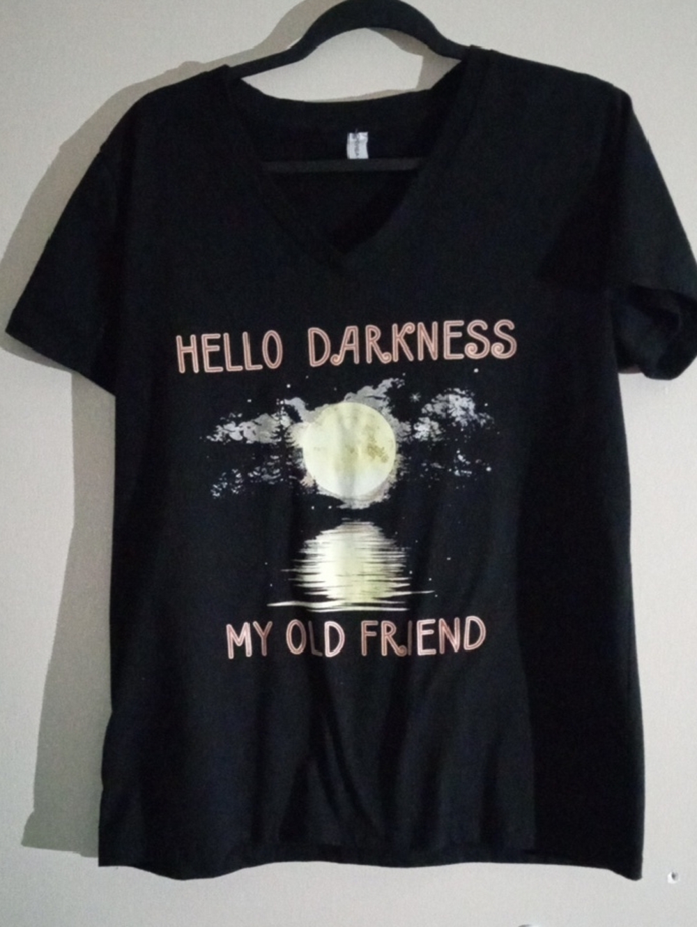 Hello Darkness Graphic V-Neck Tee - Black with Cream Moon